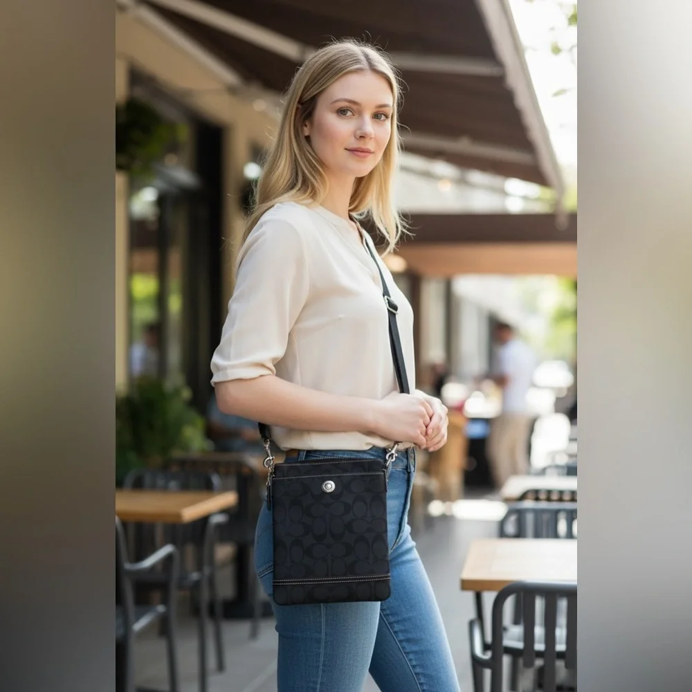 COACH vintage crossbody bag, jacquard black, adjustable strap, zipper top.